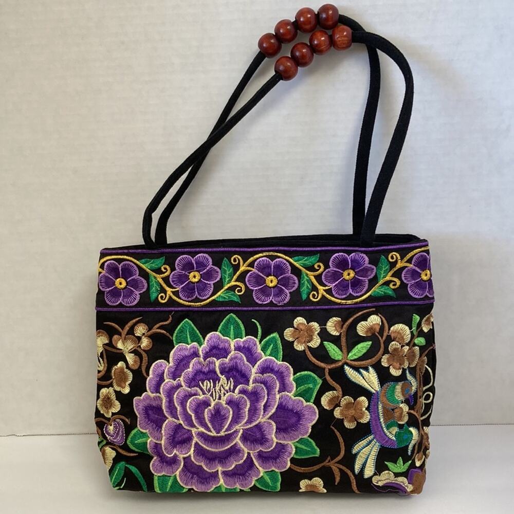 Embroidered Purse Pocketbook Bag Black Purples Tan New without Tags - Picture 3 of 9